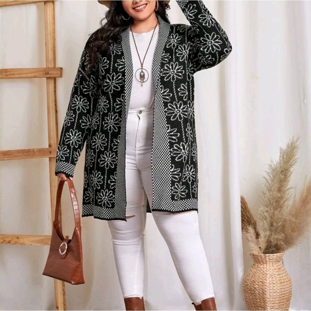 Plus Floral Pattern Drop Shoulder Open Front Cardigan - Picture 4 of 7